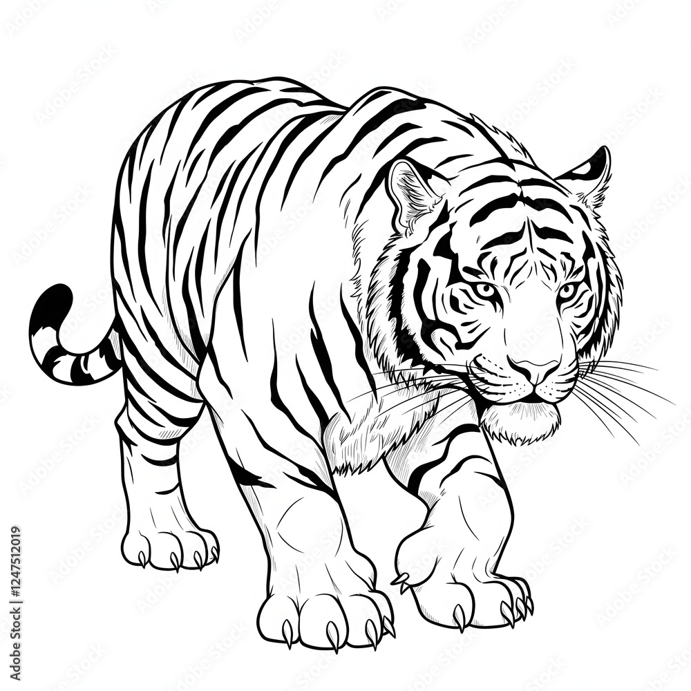 Fototapeta premium Black and White Tiger Illustration Walking Forward