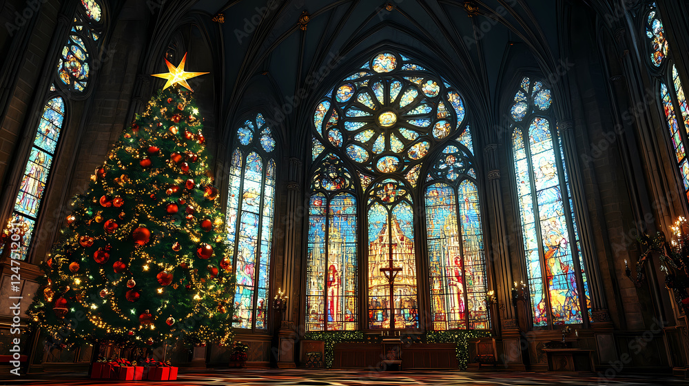 Obraz premium Stained glass window in notre dame cathedral, christmas tree, stained glass window in church, christmas, santa claus. Glass & Crystal Structures. Illustration