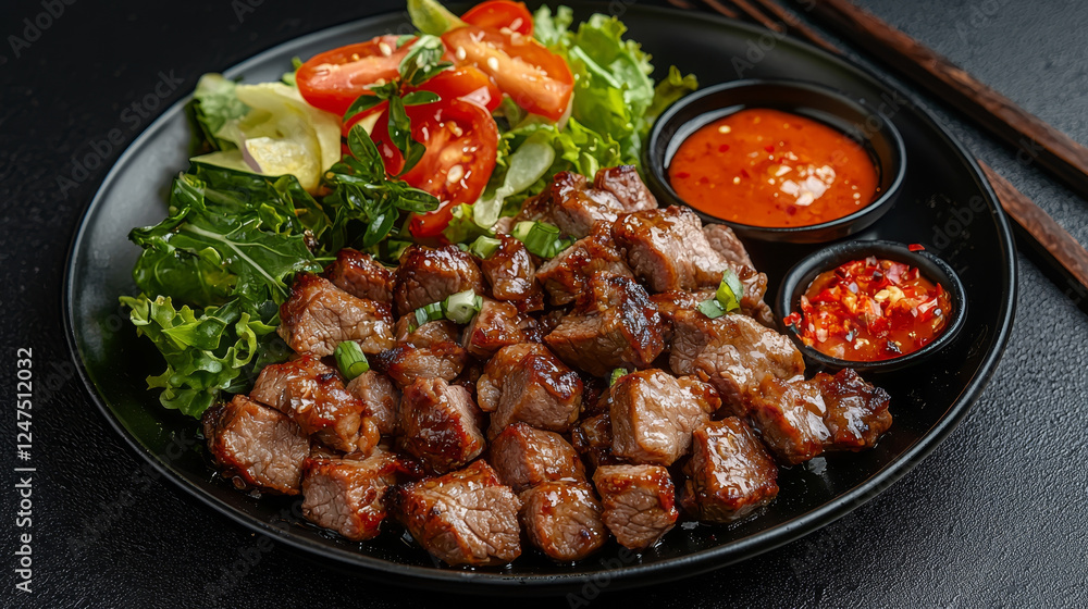 Deliciously grilled beef cubes, served with fresh salad and vibrant dipping sauces on a black plate. Deliciously grilled beef cubes, served with fresh salad and vibrant dipping sauces on a black plate.