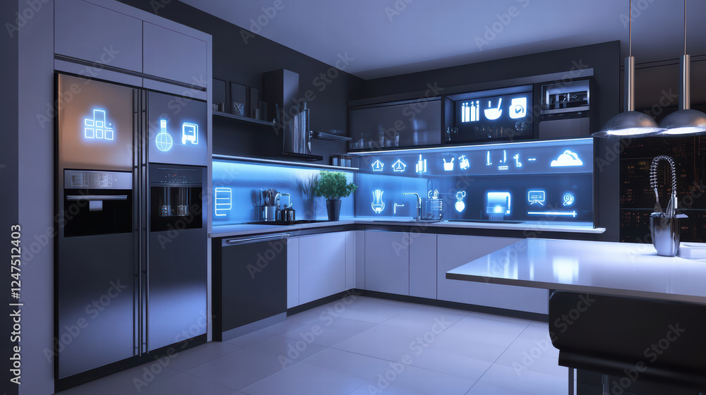 modern kitchen featuring smart technology with illuminated icons, sleek cabinetry, and stylish design. space is both functional and visually appealing, perfect for contemporary living modern kitchen featuring smart technology with illuminated icons, sleek cabinetry, and stylish design. space is both functional and visually appealing, perfect for contemporary living