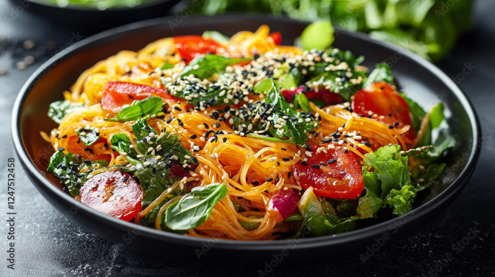 A black bowl holds noodles with fresh greens, tomatoes, and sesame seeds, creating a vibrant and colorful dish. A black bowl holds noodles with fresh greens, tomatoes, and sesame seeds, creating a vibrant and colorful dish.