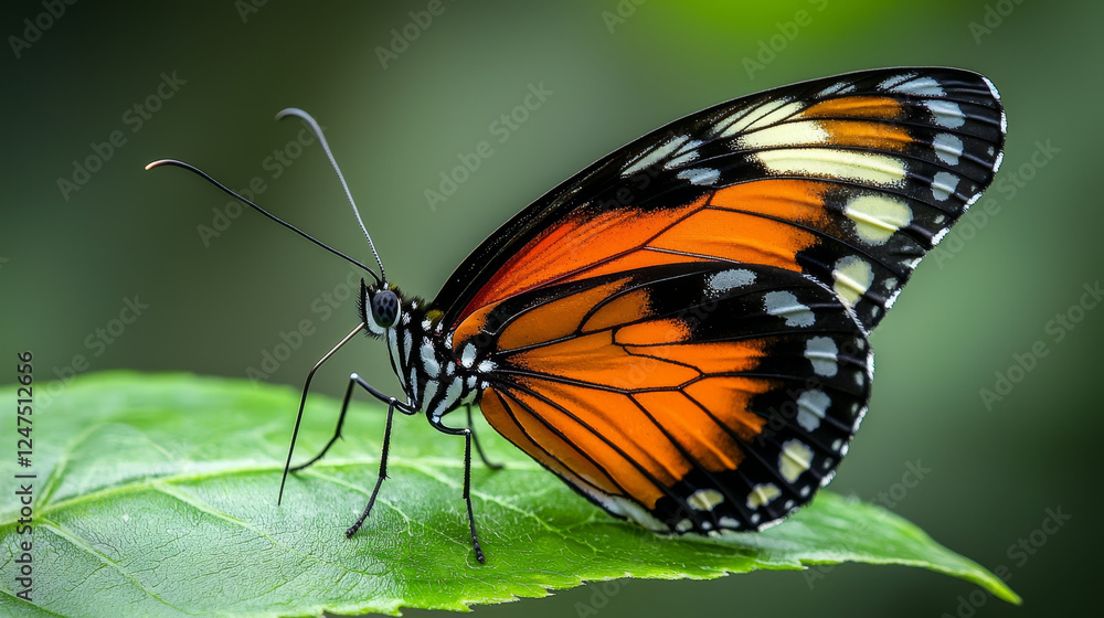 Fototapeta premium Orange and black patterned butterfly resting on a bright green leaf, detailed macro shot.