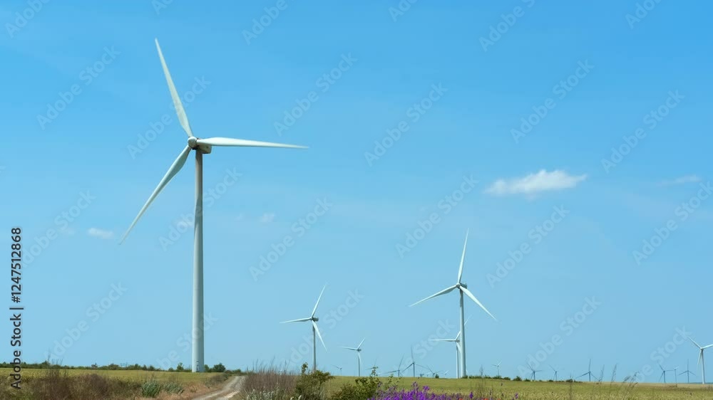 Wind turbine rotating generating green energy. Wind turbines rotate in a field under a blue sky, renewable energy while contributing to environmental sustainability and climate change Wind turbine rotating generating green energy. Wind turbines rotate in a field under a blue sky, renewable energy while contributing to environmental sustainability and climate change