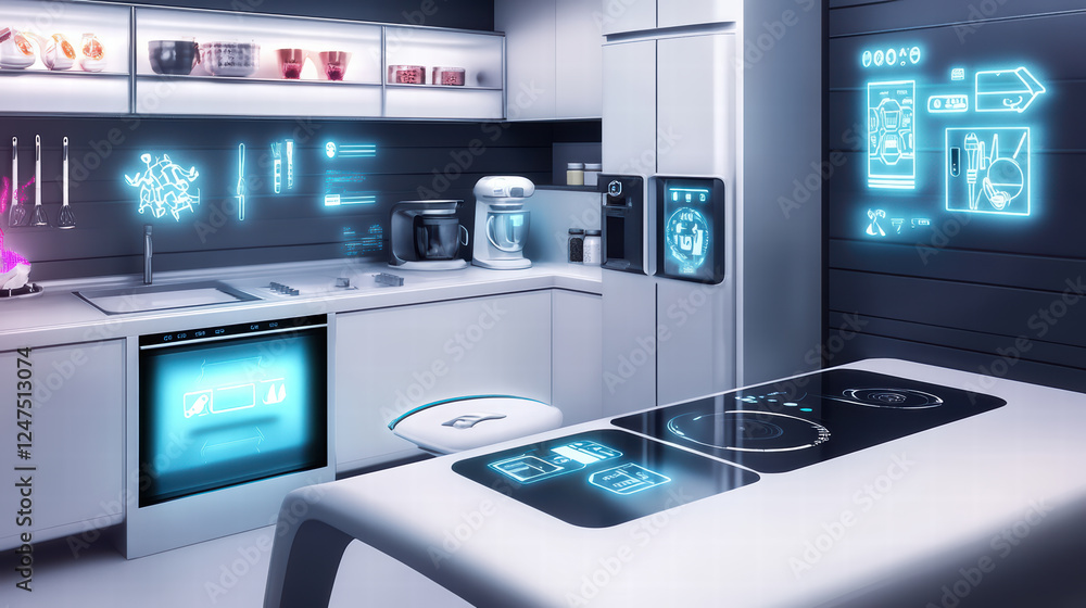futuristic kitchen environment featuring smart gadgets and interactive displays, showcasing advanced technology for cooking and food preparation. sleek design enhances modern living futuristic kitchen environment featuring smart gadgets and interactive displays, showcasing advanced technology for cooking and food preparation. sleek design enhances modern living