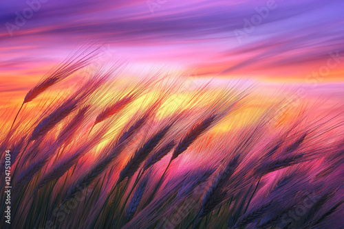 Ears of wheat swaying in the wind at sunset photo