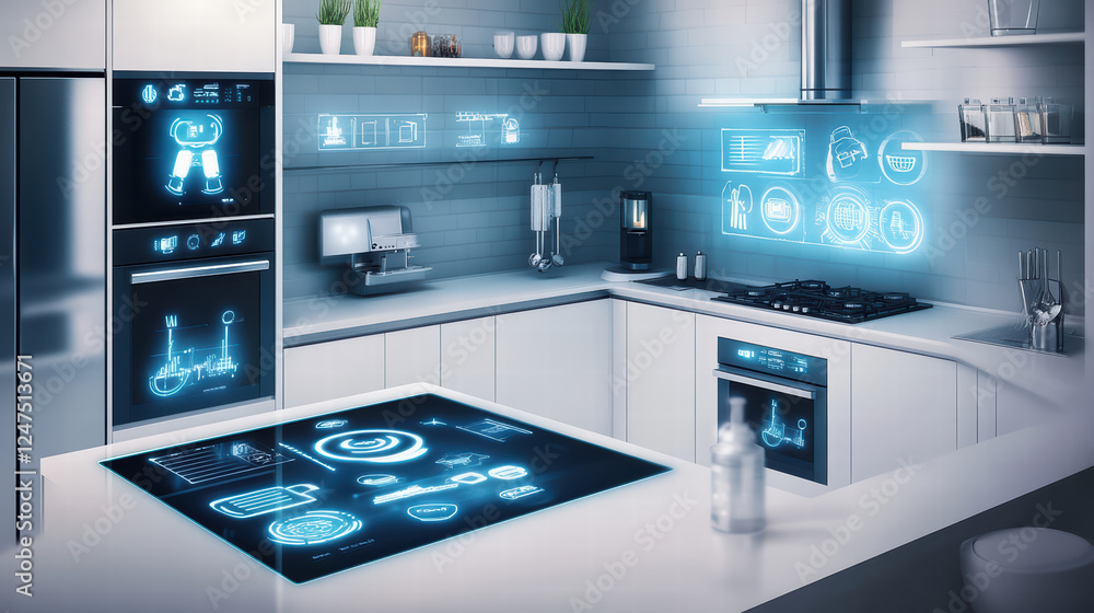 high tech kitchen design featuring interconnected devices and smart technology. sleek surfaces and digital interfaces create modern and efficient cooking environment