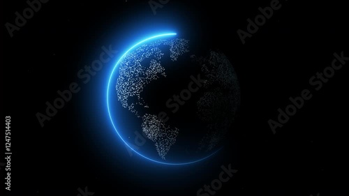Dotted world revolves around itself ,Random movement of fragments in the shape of a globe,Dotted abstract of the world map shape ,Map technology , 4k