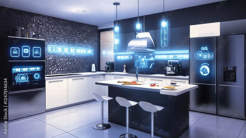 modern kitchen featuring sleek technology, smart appliances, and stylish design. space is illuminated with blue accents, showcasing futuristic environment for cooking and dining modern kitchen featuring sleek technology, smart appliances, and stylish design. space is illuminated with blue accents, showcasing futuristic environment for cooking and dining