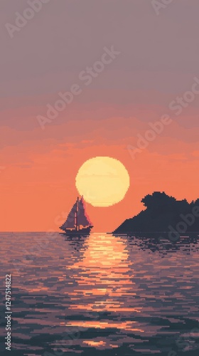 Pixelated sailboat sails on calm water during a vibrant sunset photo