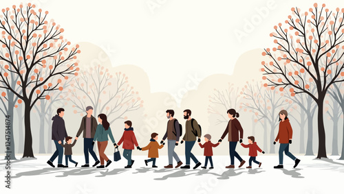 People of different ages and nationalities are walking in the winter park. Families and friends with children, elderly people and young couples spend time together. Vector horizontal illustration.