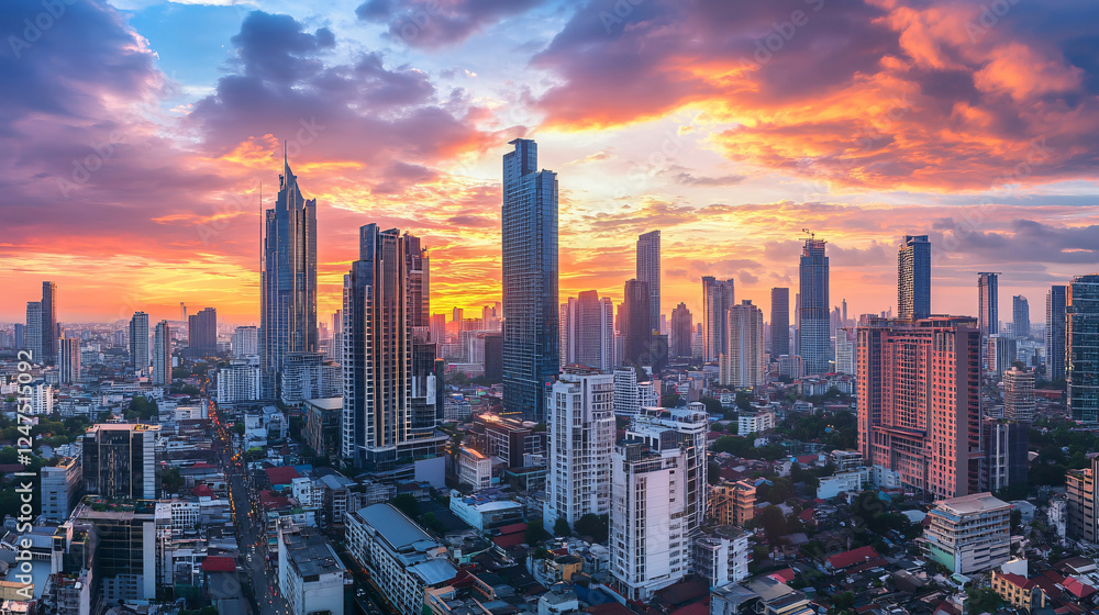 Obraz premium A dramatic cityscape showcasing modern skyscrapers under a cloudy sky in a bustling urban center.