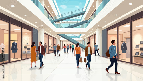 People walking in shopping mall. Customers, buyers, purchasers in retail store, shoppers multi-story center. Modern interior panorama with escalator, showcases, floors. Flat vector illustration