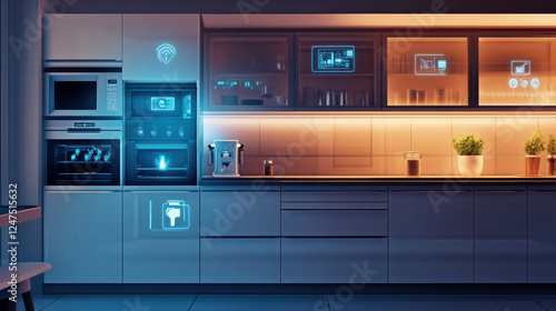 stylish kitchen filled with advanced technology, featuring smart appliances and illuminated cabinets. modern design enhances functionality and aesthetics, creating welcoming atmosphere
