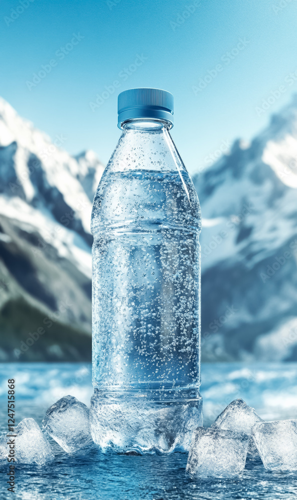 Refreshing cold water bottle surrounded by ice, perfect for outdoor adventures and summer hydration Refreshing cold water bottle surrounded by ice, perfect for outdoor adventures and summer hydration