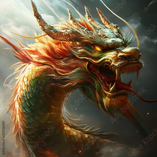 A majestic, colorful Eastern dragon with golden horns and scales is depicted, mouth open, revealing sharp teeth and a long tongue against a cloudy backdrop. photo