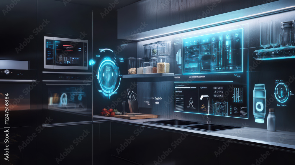 Fototapeta premium Futuristic kitchen design featuring sleek appliances and digital interfaces, showcasing advanced technology and modern aesthetics for high tech cooking experience