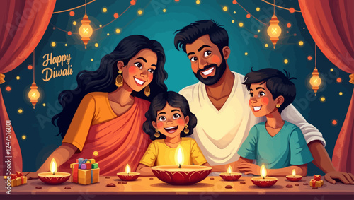 Happy family with Indian festival of lights Happy Diwali, holiday background, Diwali celebration greeting card, abstract vector illustration design.