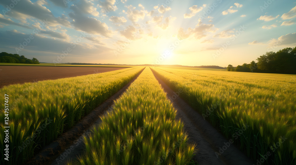 Golden Wheat Field at Sunset: Serene Rural Landscape with Sun Rays, Agriculture, and Countryside Scenery - Stock Photo Golden Wheat Field at Sunset: Serene Rural Landscape with Sun Rays, Agriculture, and Countryside Scenery - Stock Photo