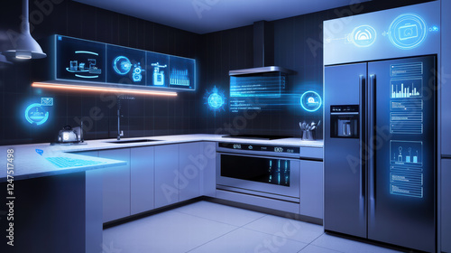 Innovative kitchen scene with smart devices, glowing icons, modern appliances, and sleek design. This futuristic space showcases technology integration for enhanced cooking experiences