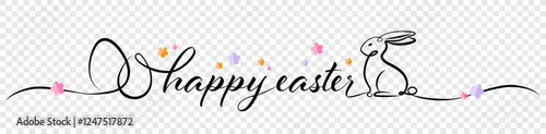Happy easter calligraphy banner with easter bunny and easter eggs isolated on transparent background