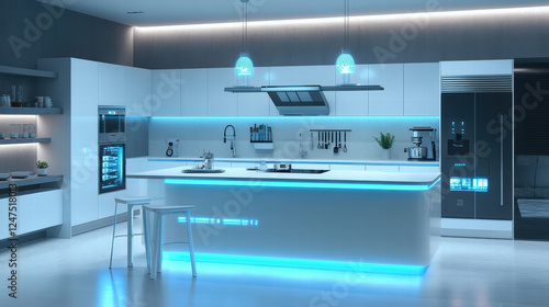 Wallpaper Mural Modern kitchen layout showcasing advanced technology and sleek design, featuring illuminated countertops and stylish appliances that enhance functionality and aesthetics Torontodigital.ca