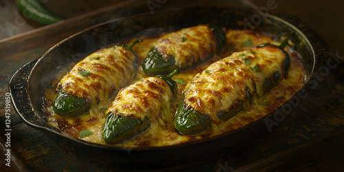 Indulgent Baked Jalapeño Peppers Stuffed with Creamy Cheese and Fresh Herbs: A Delicious Vegetarian Appetizer or Side Dish for Gourmet Home Cooking with Flavorful Ingredients and Spicy Comfort Food photo