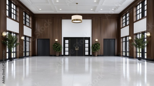 Wallpaper Mural Grand hotel lobby, marble floor, dark wood walls, large windows, plants Torontodigital.ca