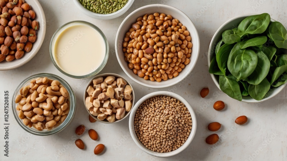 Vegan Power: A Top-View of Healthy Plant-Based Protein Sources on a Clean White Table Vegan Power: A Top-View of Healthy Plant-Based Protein Sources on a Clean White Table