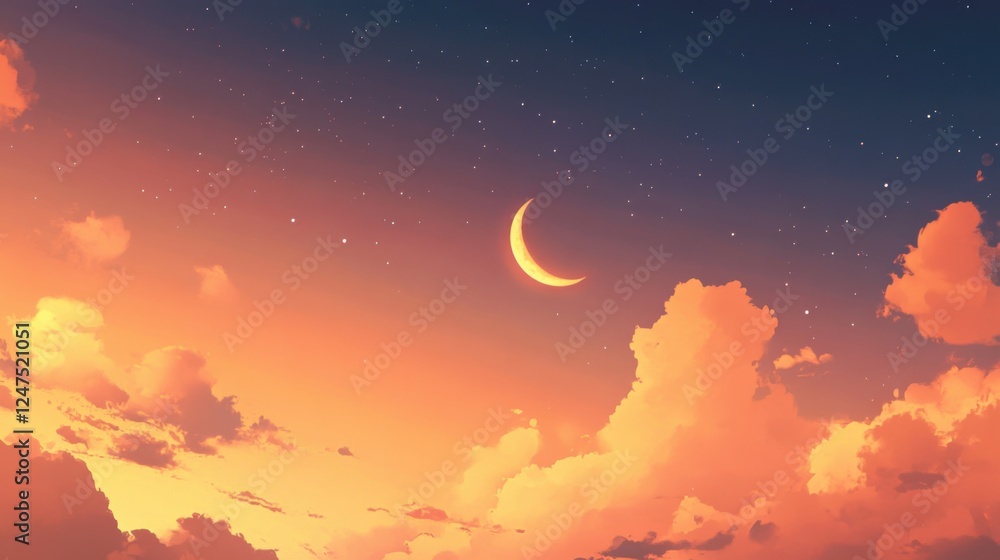 peaceful sunset sky with crescent moon and clouds peaceful sunset sky with crescent moon and clouds