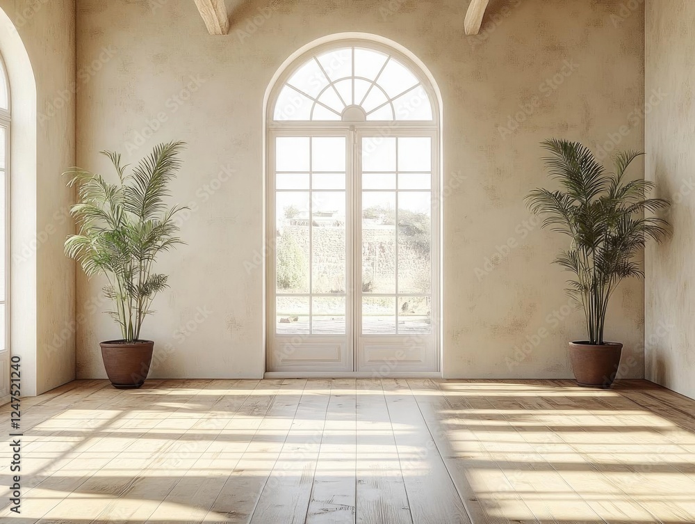 Sunlight Streams Through Arch Window in Room with Plants Sunlight Streams Through Arch Window in Room with Plants