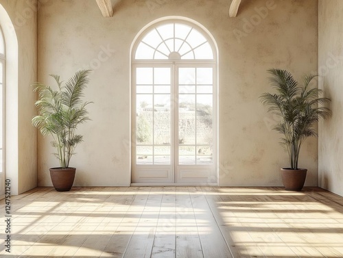 Sunlight Streams Through Arch Window in Room with Plants