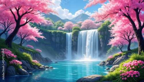 Serene landscape with blooming sakura trees. Colorful flowers surround majestic waterfalls and flowing rivers. Paradise scenery. Lush nature and idyllic garden. Peaceful tranquil scene.