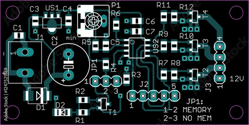 Vector printed circuit board of electronic 
device with components of radio elements, 
conductors and contact pads placed on pcb. 
Engineering technical drawing. Electric background.