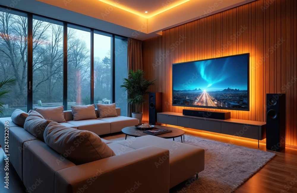 Stylish living room with large windows overlooking garden. Comfortable sectional sofa, modern home theater system. Large smart TV shows beautiful landscape. Warm lighting creates relaxing atmosphere. Stylish living room with large windows overlooking garden. Comfortable sectional sofa, modern home theater system. Large smart TV shows beautiful landscape. Warm lighting creates relaxing atmosphere.