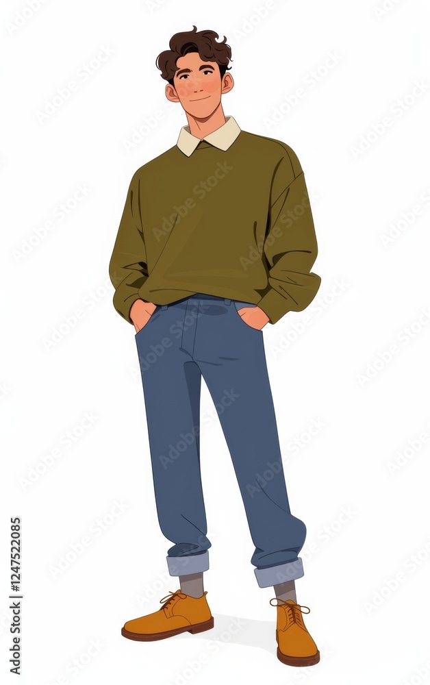 Fototapeta premium Confident man in olive green polo shirt, blue pants, and brown shoes, full-body portrait 