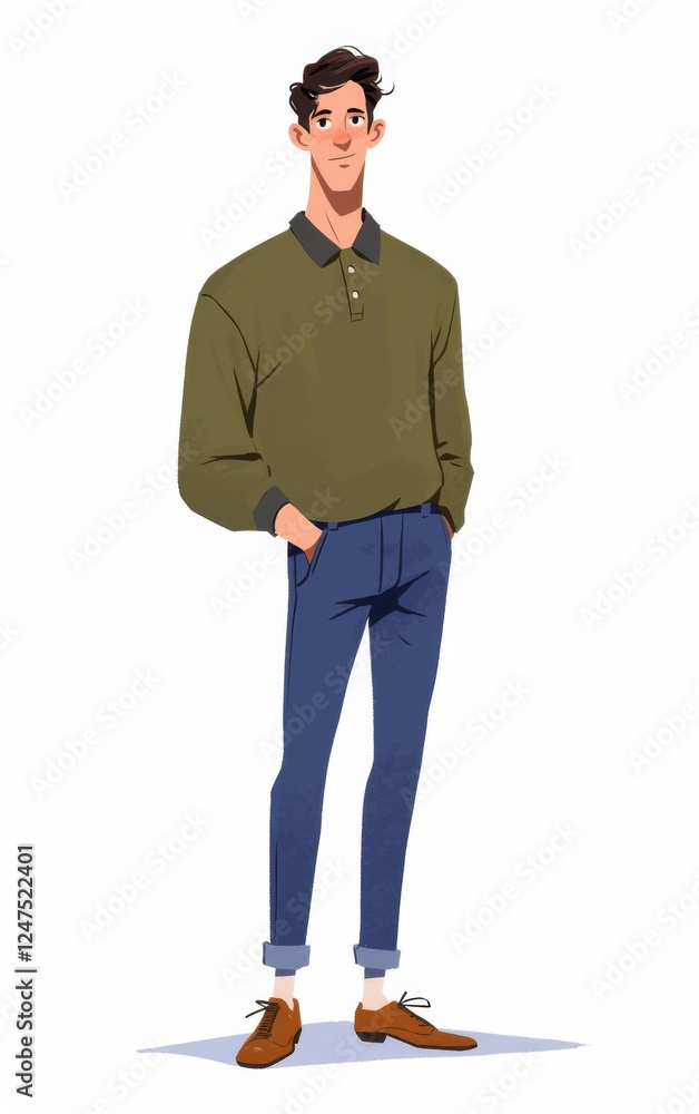 Confident man in olive green polo shirt, blue pants, and brown shoes, full-body portrait Confident man in olive green polo shirt, blue pants, and brown shoes, full-body portrait