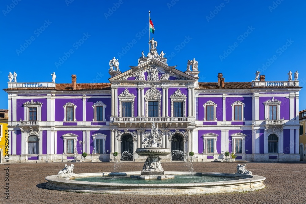 Naklejka premium A charming square radiates from the heart of an old European city. Domodossola, an ancient municipality in northern Italy, preserves its historic center, which includes the Palazzo di Città. The