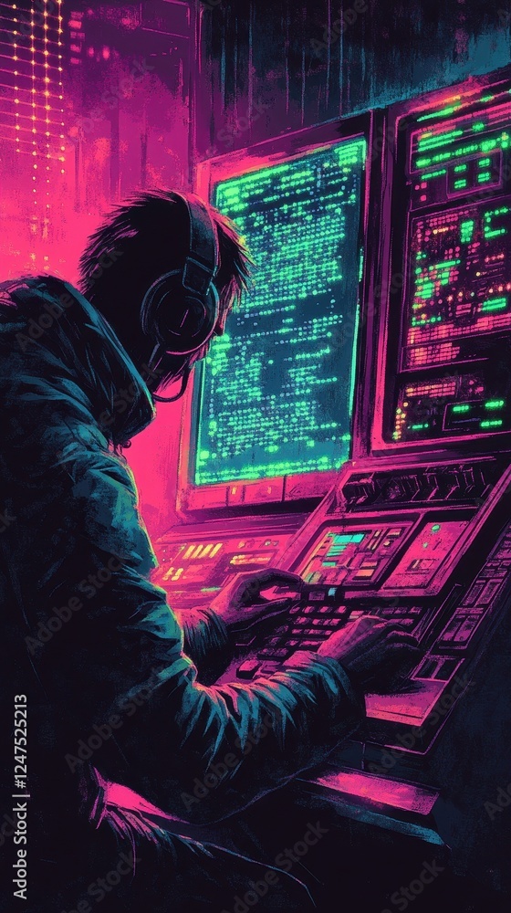 Person coding or hacking with dual monitors and headphones Person coding or hacking with dual monitors and headphones