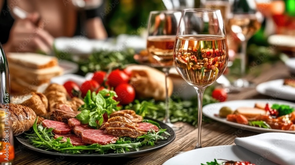 Elegant dinner spread with wine and appetizers on rustic table setting