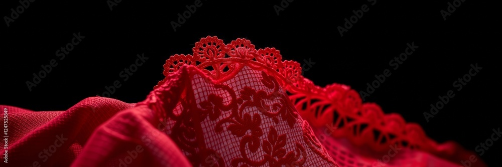 Obraz premium Red lace fabric delicately draped, evoking a romantic and intimate mood, showcasing intricate details against a contrasting black background