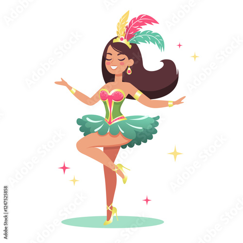 Dancer of Brazilian carnival. woman characters in exotic costumes with feathers dancing latin dances at samba and cabaret, fashion party cartoon vector illustration