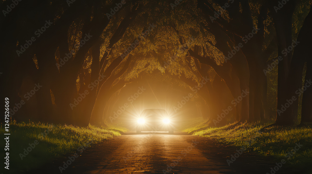 Fototapeta premium car headlights shine brightly through dark tunnel of trees, creating mysterious and enchanting atmosphere. scene captures beauty of nature and allure of nighttime driving