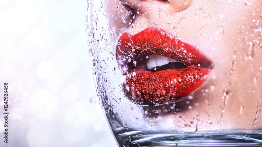 Fototapeta premium Close-up of red lips behind glass with water droplets