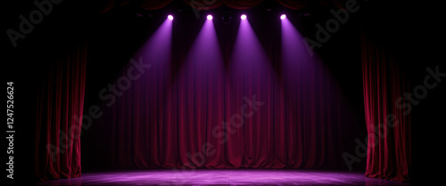 Stage with purple spotlight beams illuminating red curtains creating a dramatic atmosphere for performances or events