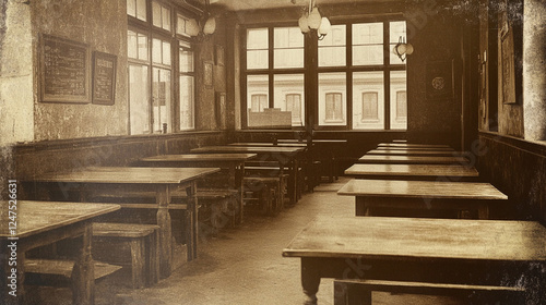 Historic classroom featuring wooden benches, high windows, and old-fashioned academic setting