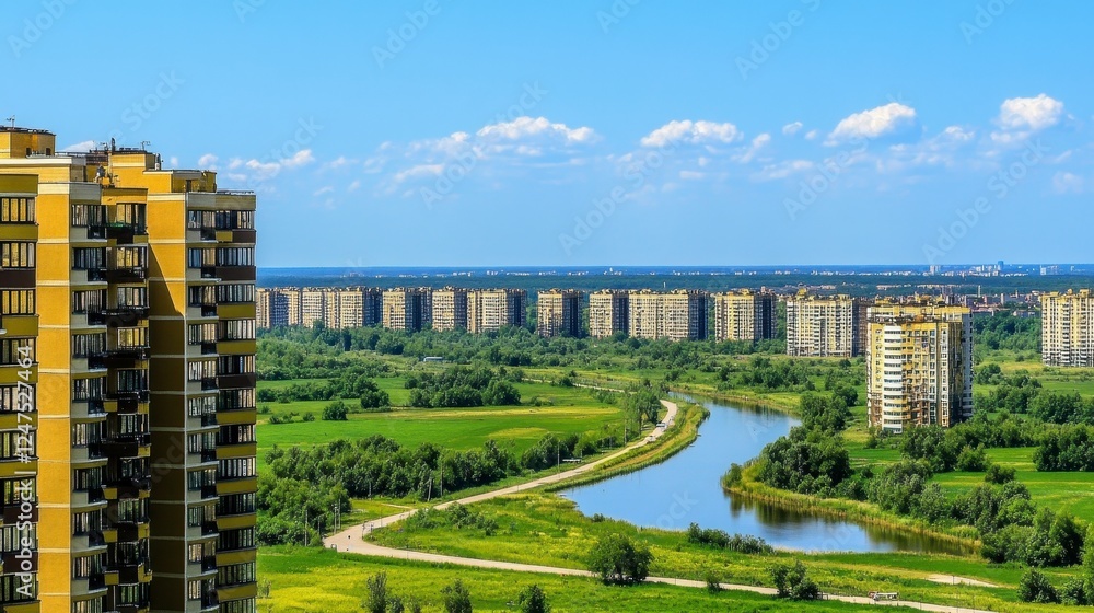 Panoramic View Of Cityscape With High Rise Apartments Surrounding Canal Panoramic View Of Cityscape With High Rise Apartments Surrounding Canal