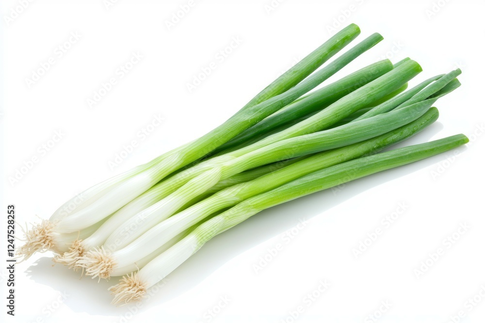 Bunch of green onions are displayed on a white background Bunch of green onions are displayed on a white background