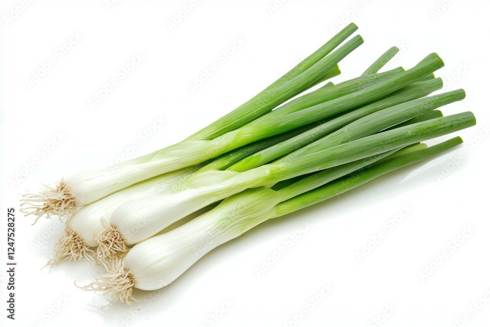Bunch of green onions are displayed on a white background Bunch of green onions are displayed on a white background
