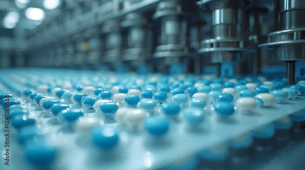 Pharmaceutical Pill Production: Automated Machine Filling Blue and White Capsules in a Modern Drug Manufacturing Factory Pharmaceutical Pill Production: Automated Machine Filling Blue and White Capsules in a Modern Drug Manufacturing Factory
