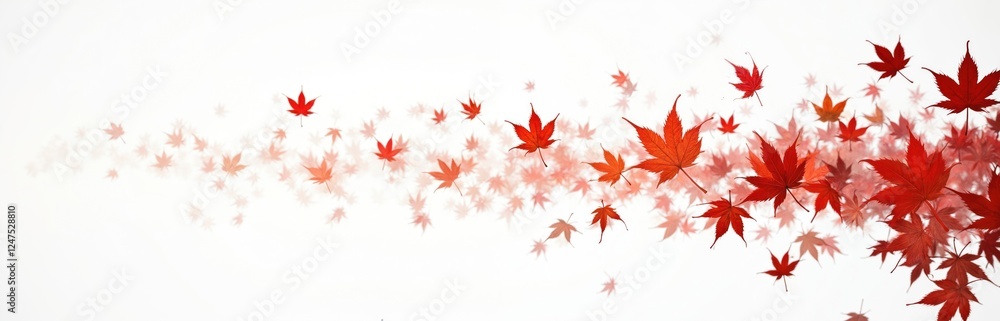 Red autumn leaves fly in wind against white background. Image shows many colorful leaves falling softly. Autumnal scene in fall. Nature photo with artistic representation of foliage in motion. Red autumn leaves fly in wind against white background. Image shows many colorful leaves falling softly. Autumnal scene in fall. Nature photo with artistic representation of foliage in motion.
